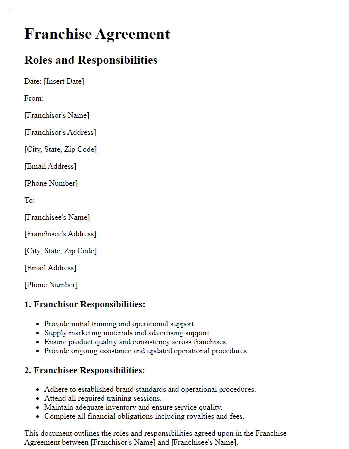 Letter template of Franchise Agreement Roles and Responsibilities