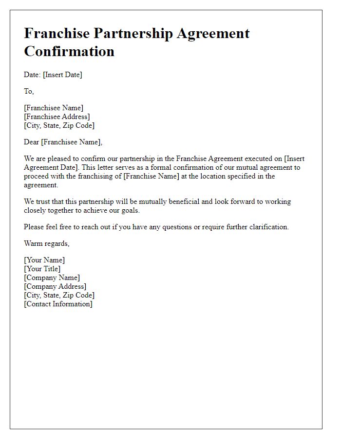 Letter template of Franchise Partnership Agreement Confirmation