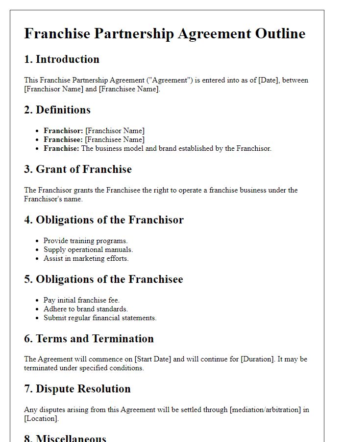 Letter template of Franchise Partnership Agreement Outline