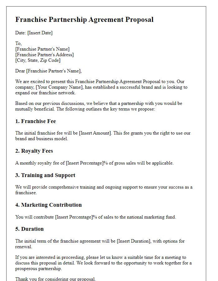 Letter template of Franchise Partnership Agreement Proposal