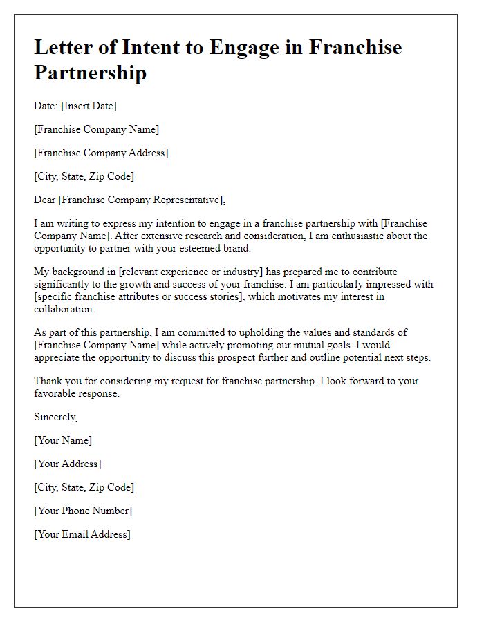 Letter template of Intent to Engage in Franchise Partnership