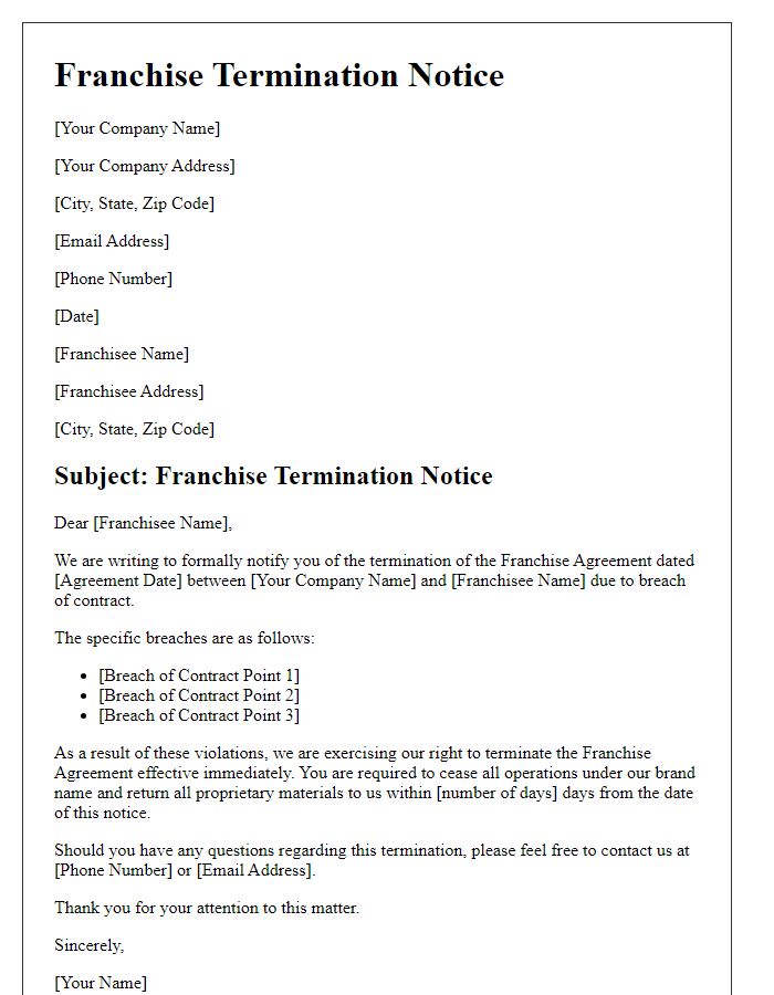 Letter template of franchise termination notice for breach of contract.