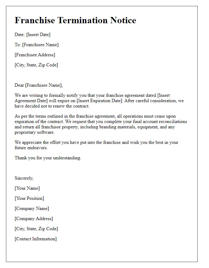 Letter template of franchise termination notice for expiring contract without renewal.