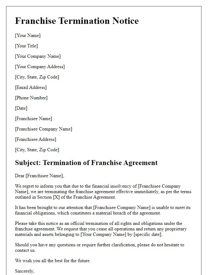 Letter template of franchise termination notice for financial insolvency.