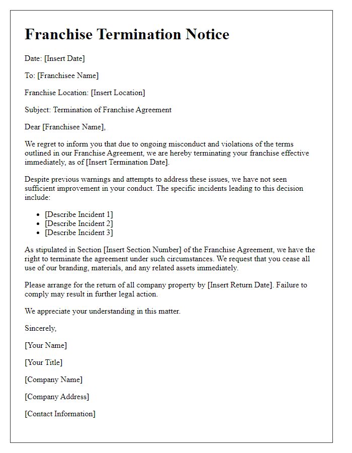 Letter template of franchise termination notice for misconduct by franchisee.