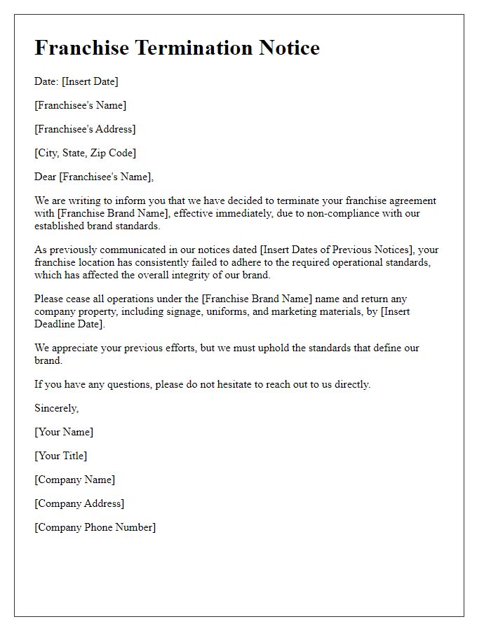 Letter template of franchise termination notice for non-compliance with brand standards.