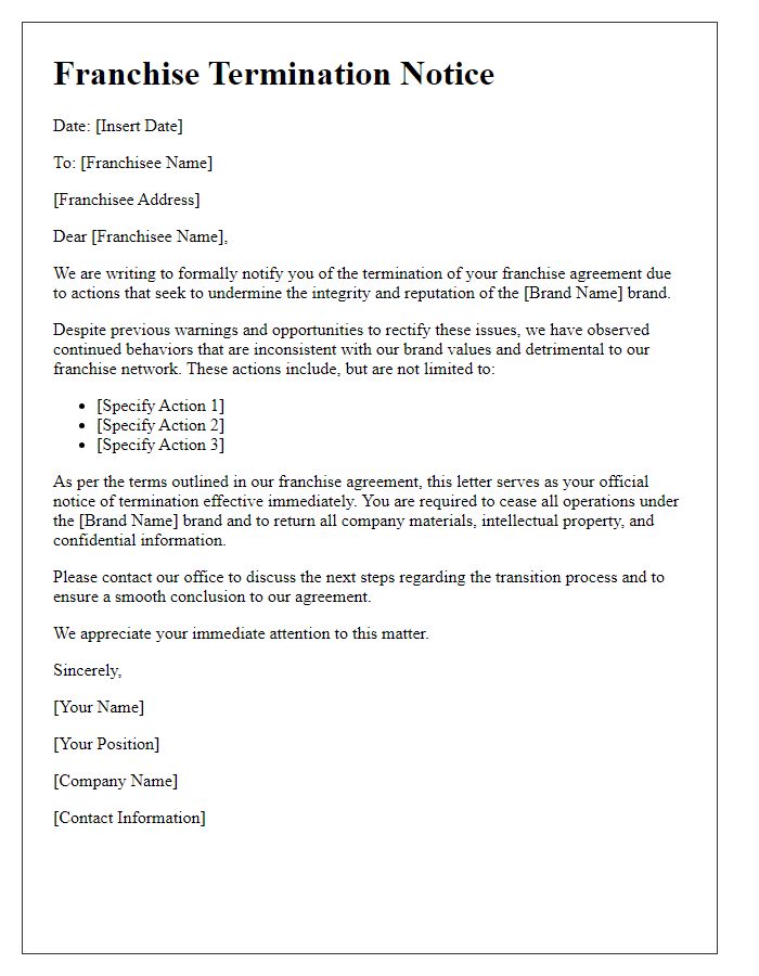 Letter template of franchise termination notice for seeking to undermine the brand.