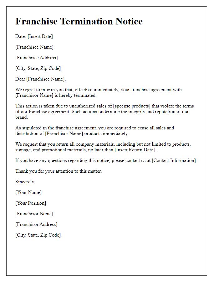 Letter template of franchise termination notice for unauthorized sale of products.