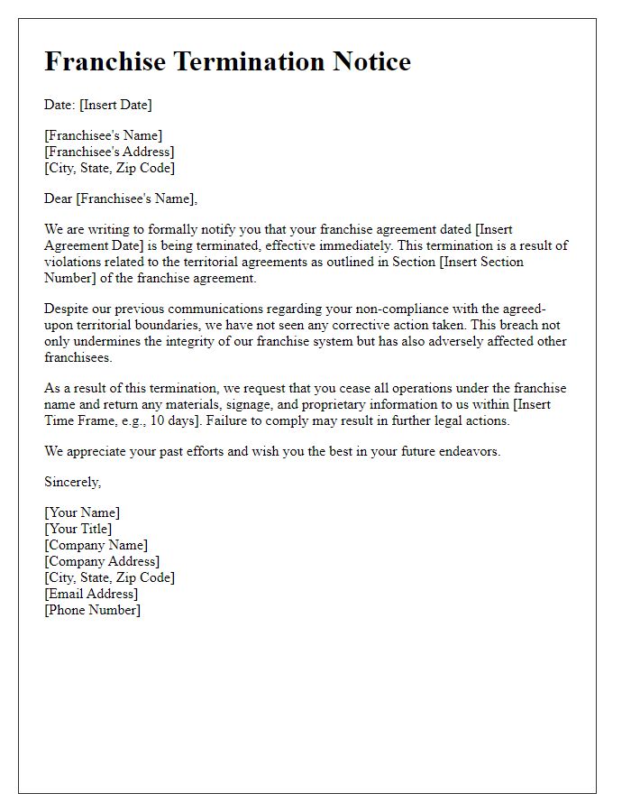 Letter template of franchise termination notice for violation of territorial agreements.