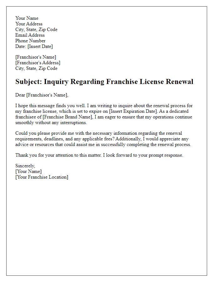 Letter template of franchise license renewal inquiry