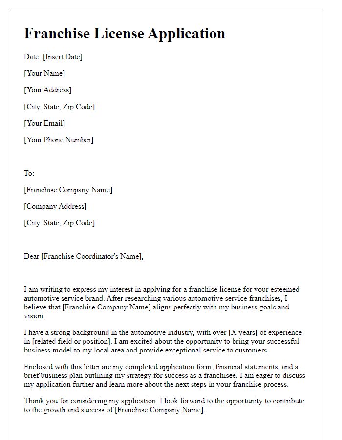 Letter template of franchise license application for automotive service franchises.