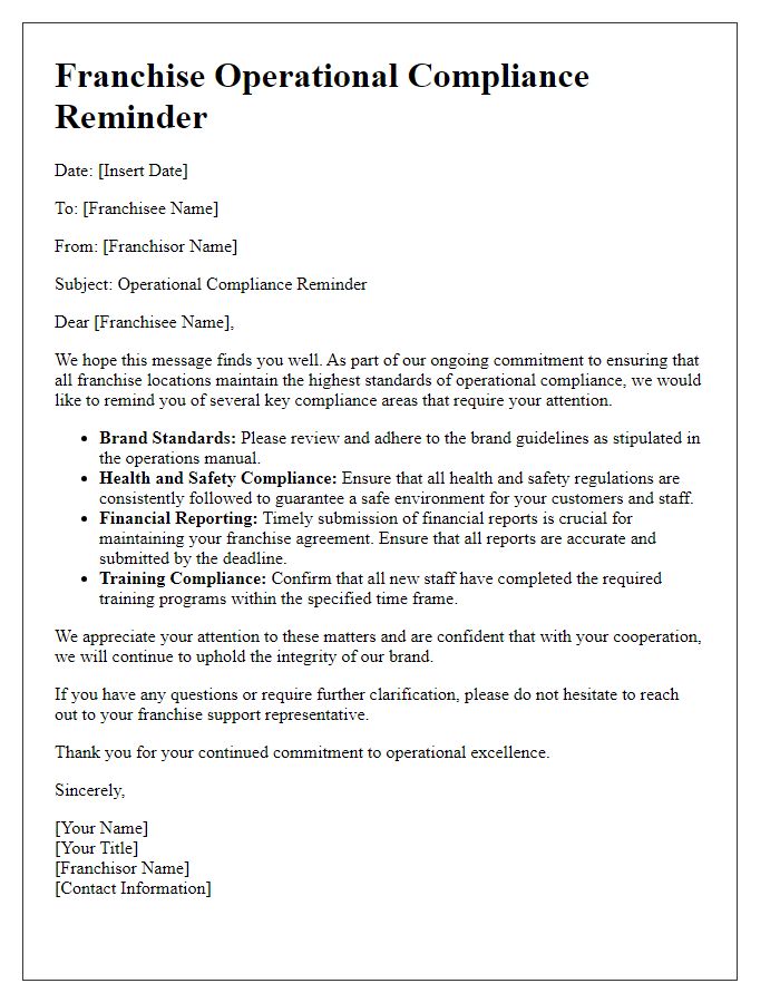 Letter template of Franchise Operational Compliance Reminder