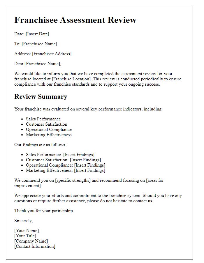 Letter template of franchisee assessment review