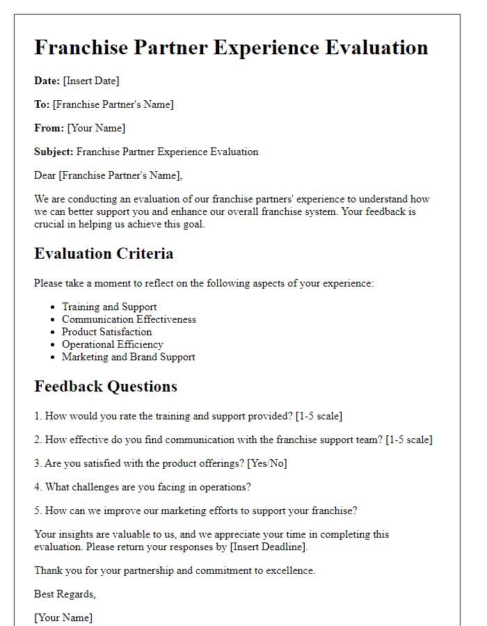 Letter template of Franchise Partner Experience Evaluation