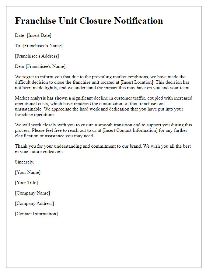 Letter template of franchise unit closure due to market conditions.