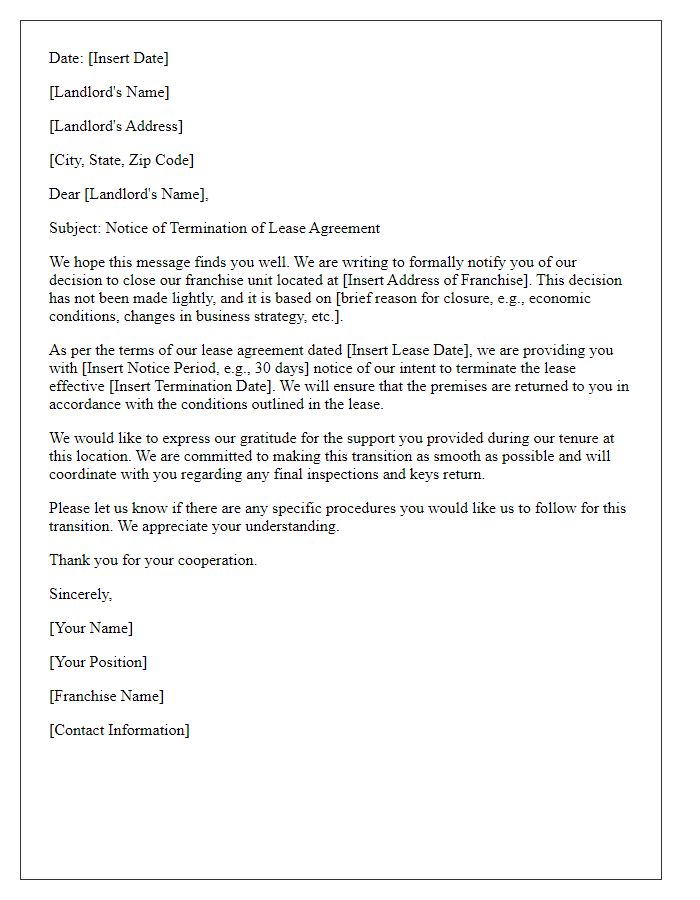 Letter template of franchise unit closure for lease termination.