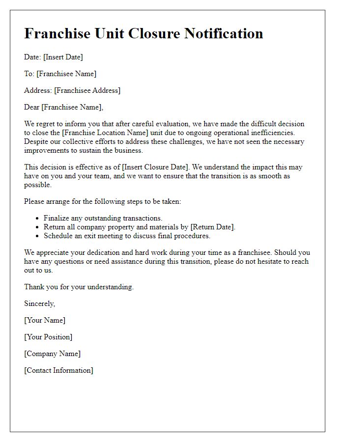 Letter template of franchise unit closure for operational inefficiencies.