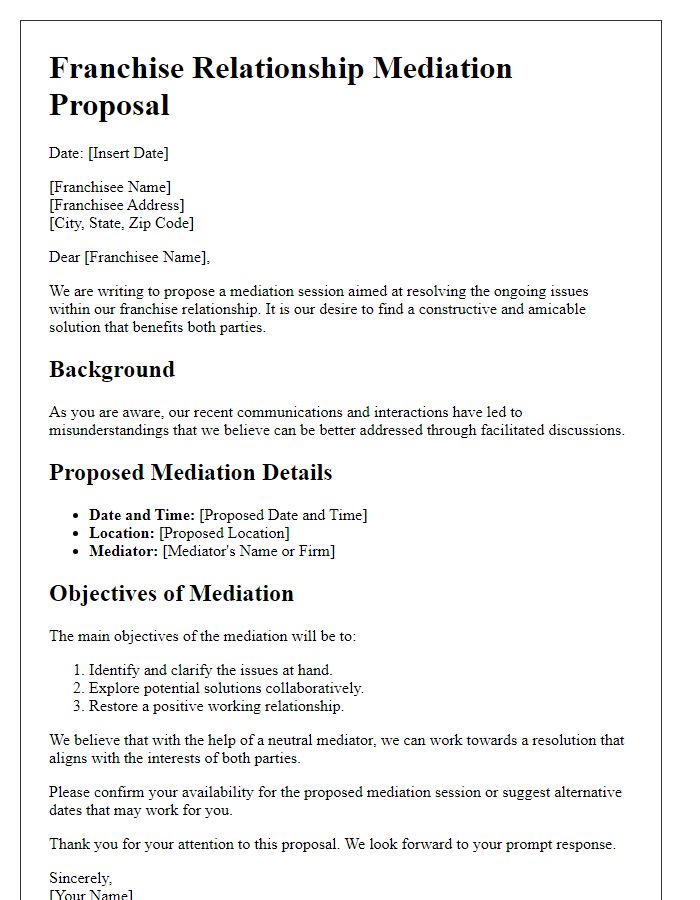 Letter template of Franchise Relationship Mediation Proposal