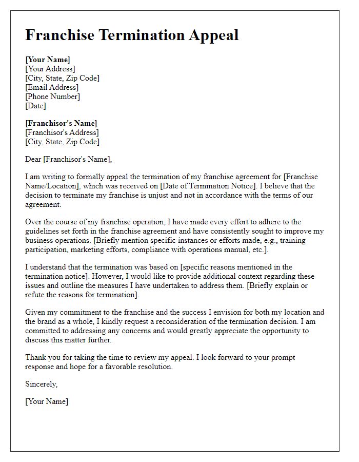 Letter template of Franchise Termination Appeal