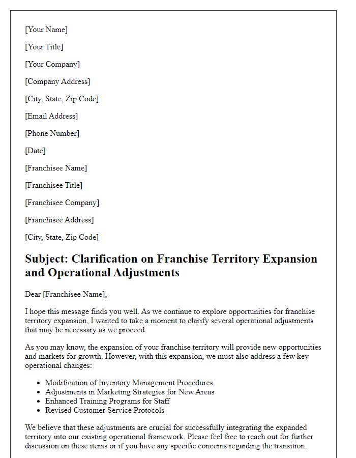 Letter template of franchise territory expansion clarification for operational adjustments.