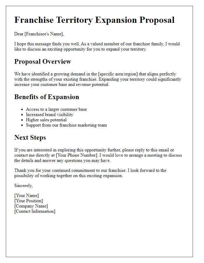 Letter template of franchise territory expansion proposal for existing franchisees.