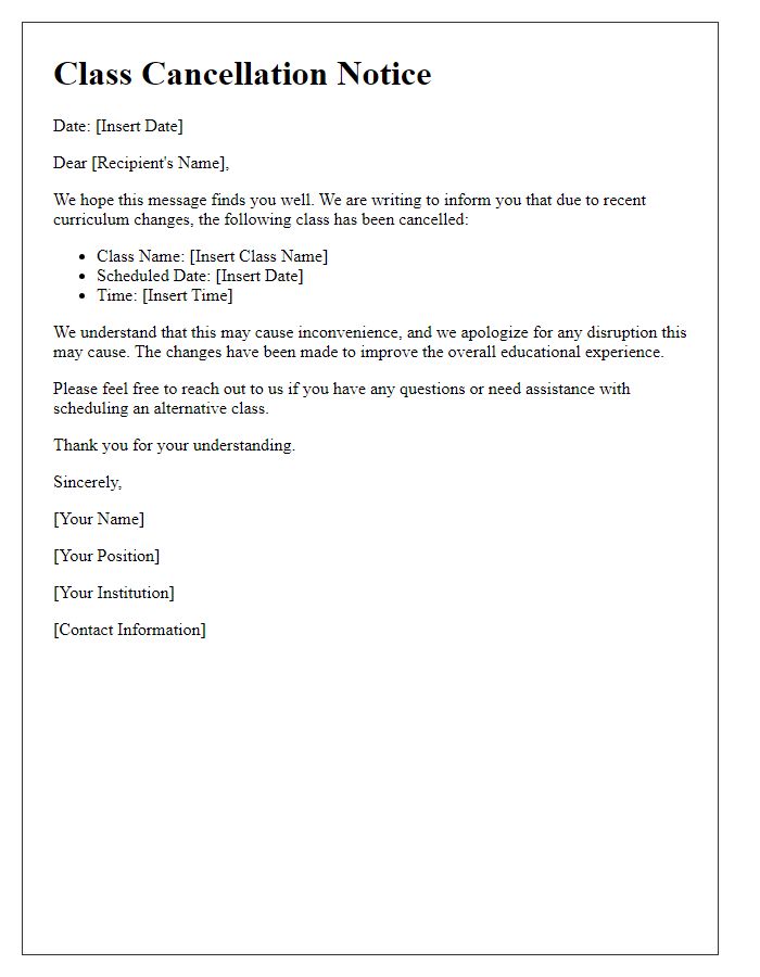 Letter template of class cancellation for curriculum changes.