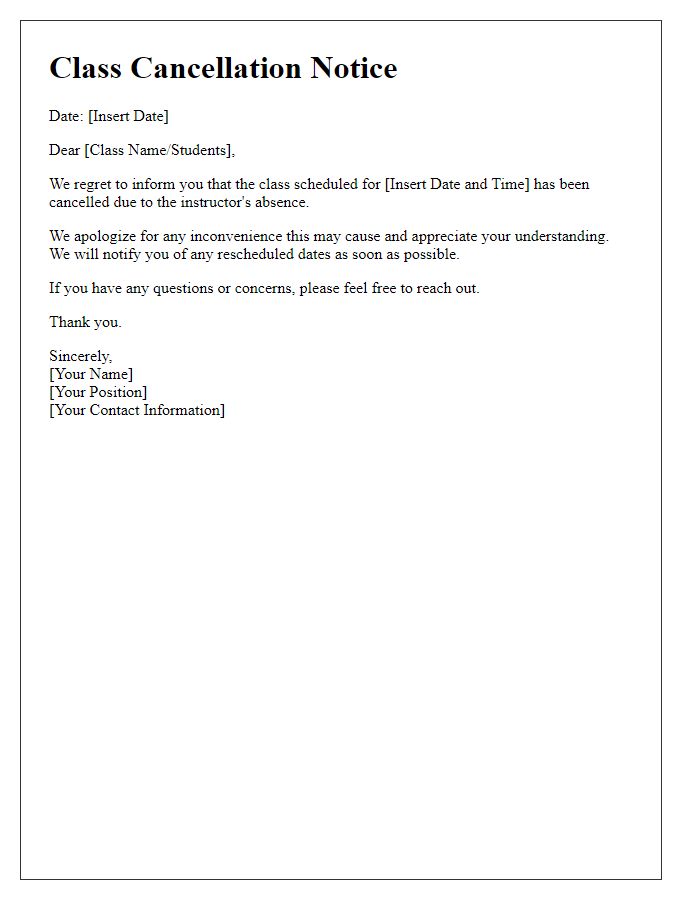 Letter template of class cancellation for instructor absence.