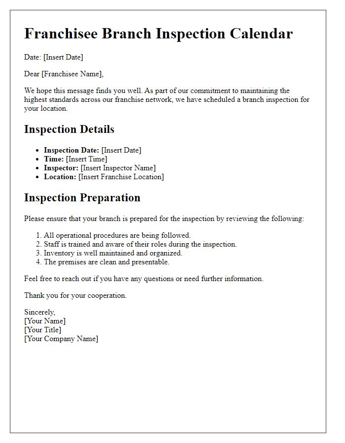 Letter template of franchisee branch inspection calendar.