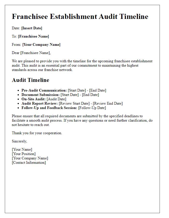 Letter template of franchisee establishment audit timeline.