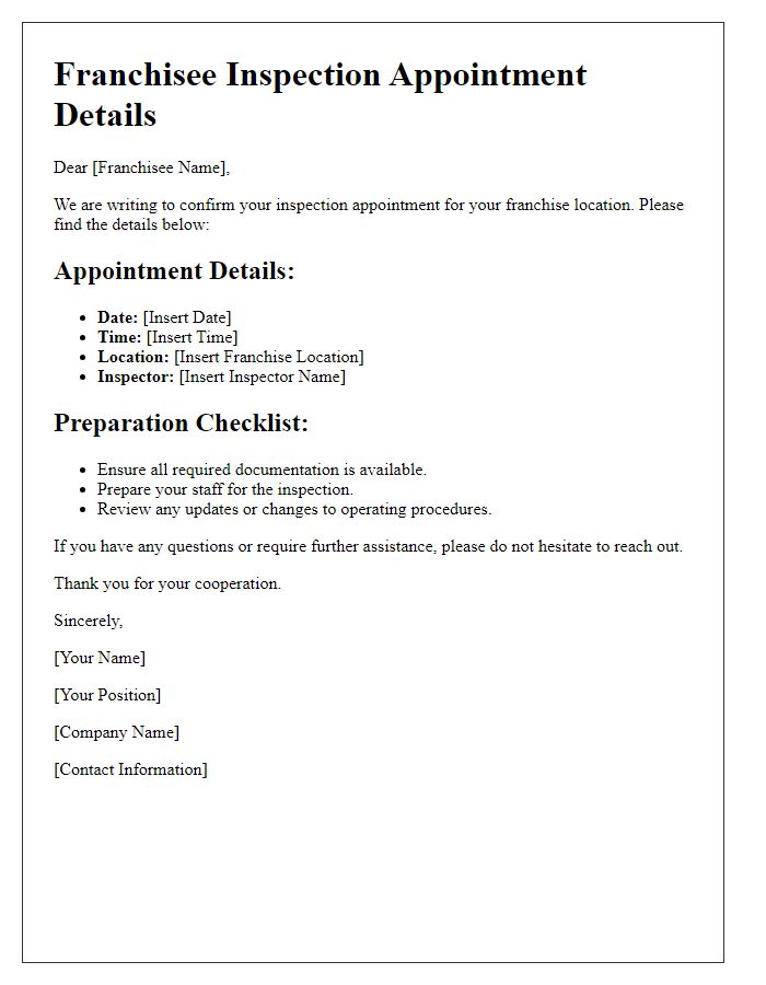 Letter template of franchisee inspection appointment details.