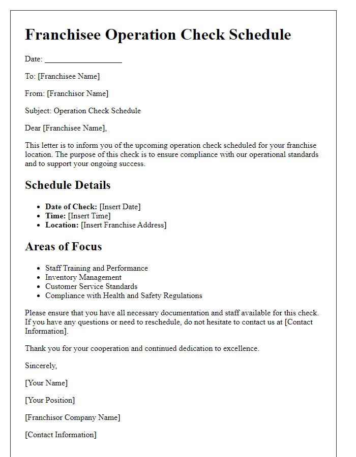 Letter template of franchisee operation check schedule.