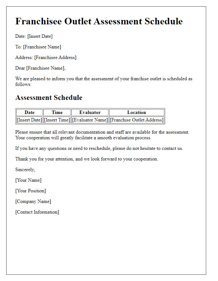 Letter template of franchisee outlet assessment schedule.