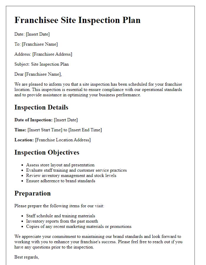 Letter template of franchisee site inspection plan.