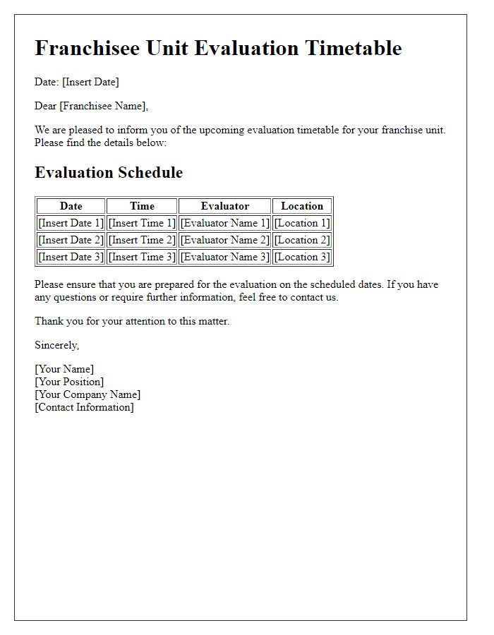 Letter template of franchisee unit evaluation timetable.