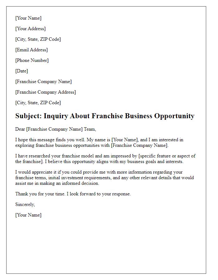 Letter template of Franchise Business Opportunity Inquiry