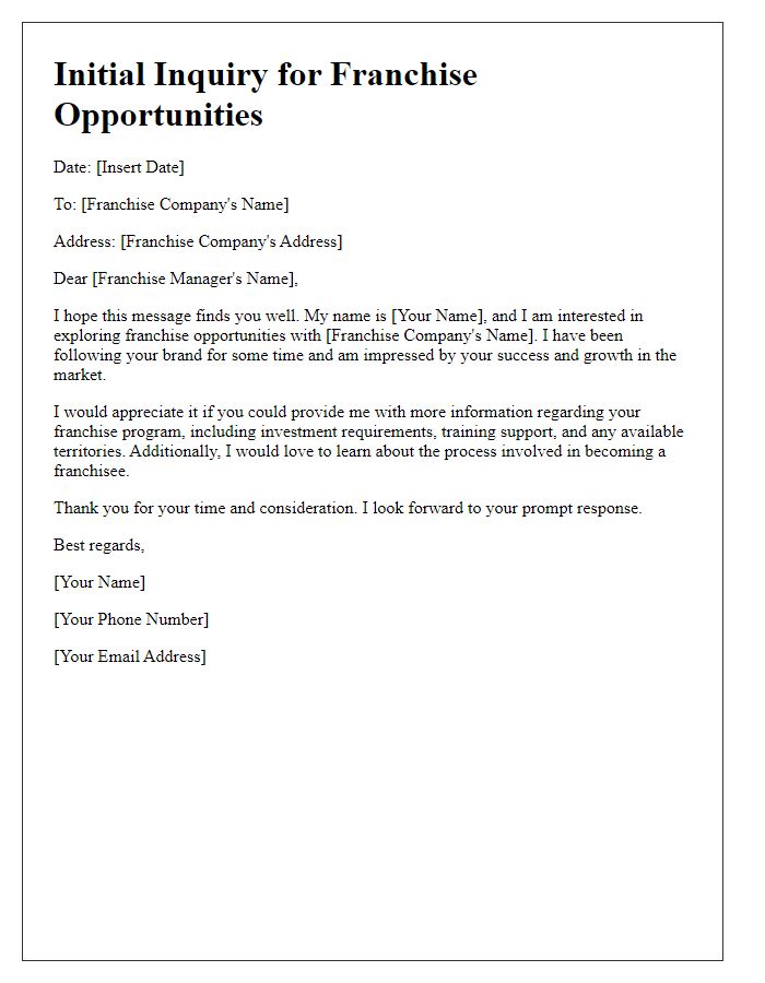 Letter template of Initial Inquiry for Franchise Opportunities