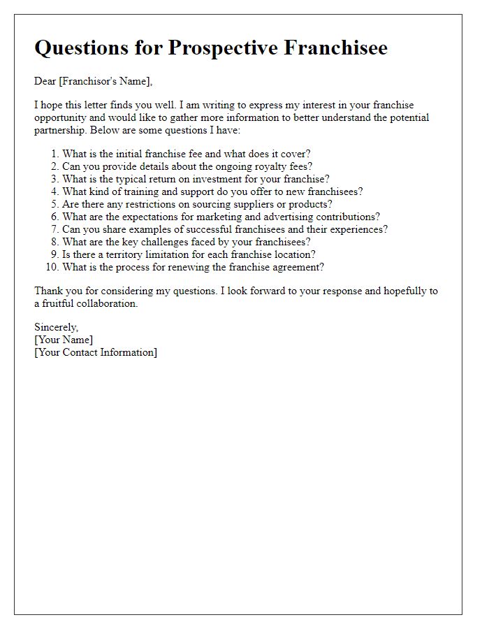 Letter template of Prospective Franchisee Questions