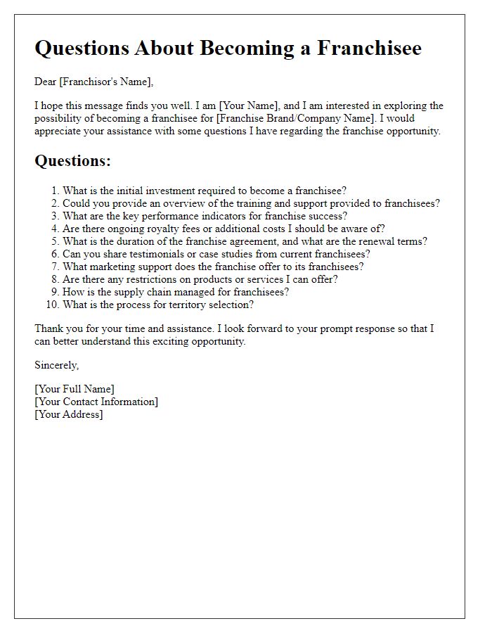 Letter template of Questions About Becoming a Franchisee