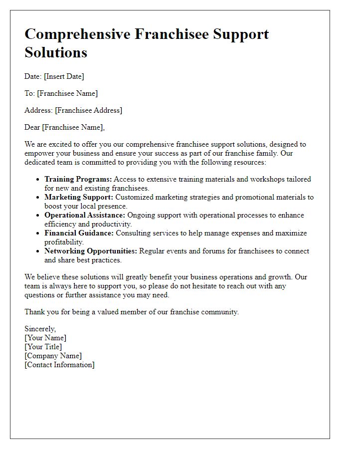 Letter template of comprehensive franchisee support solutions