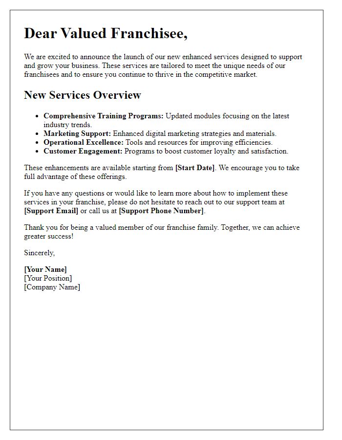 Letter template of enhanced services for franchisees