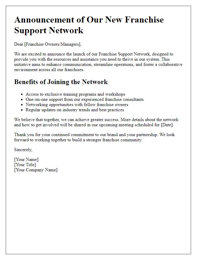 Letter template of franchise support network announcement