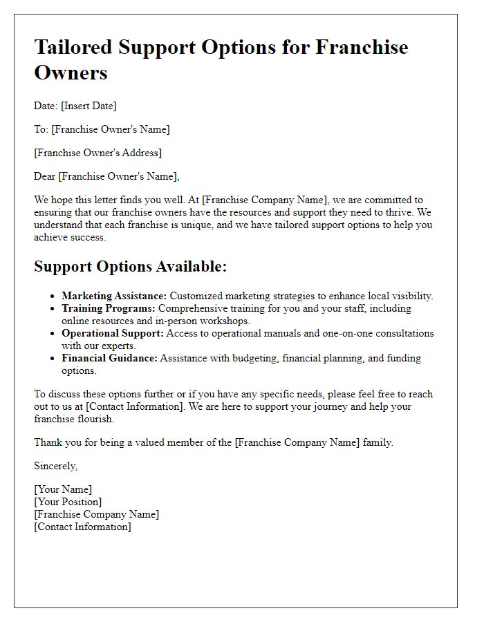 Letter template of tailored support options for franchise owners