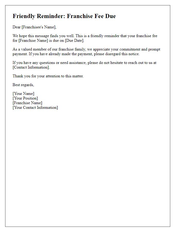 Letter template of Friendly Reminder for Franchise Fee