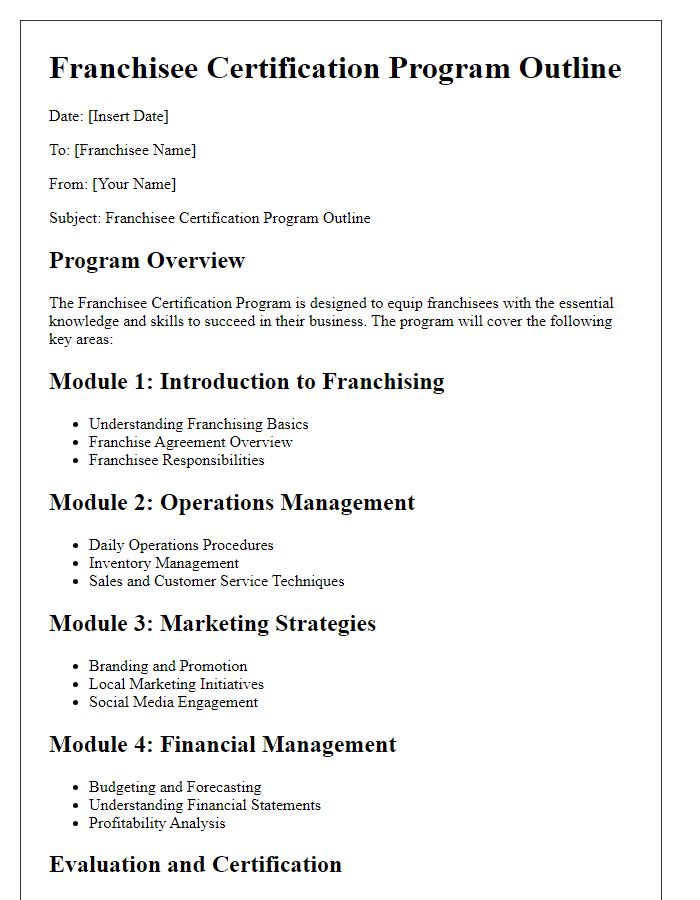 Letter template of franchisee certification program outline