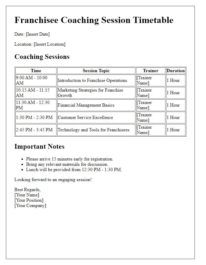 Letter template of franchisee coaching session timetable