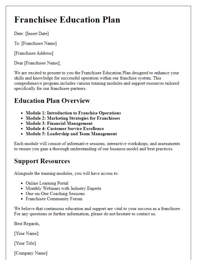 Letter template of franchisee education plan