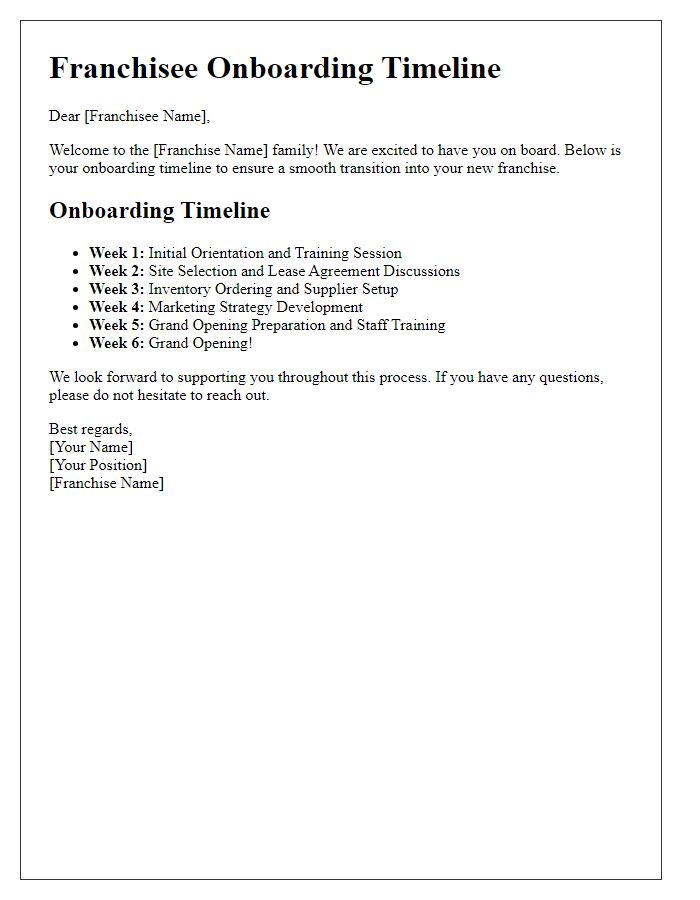 Letter template of franchisee onboarding timeline