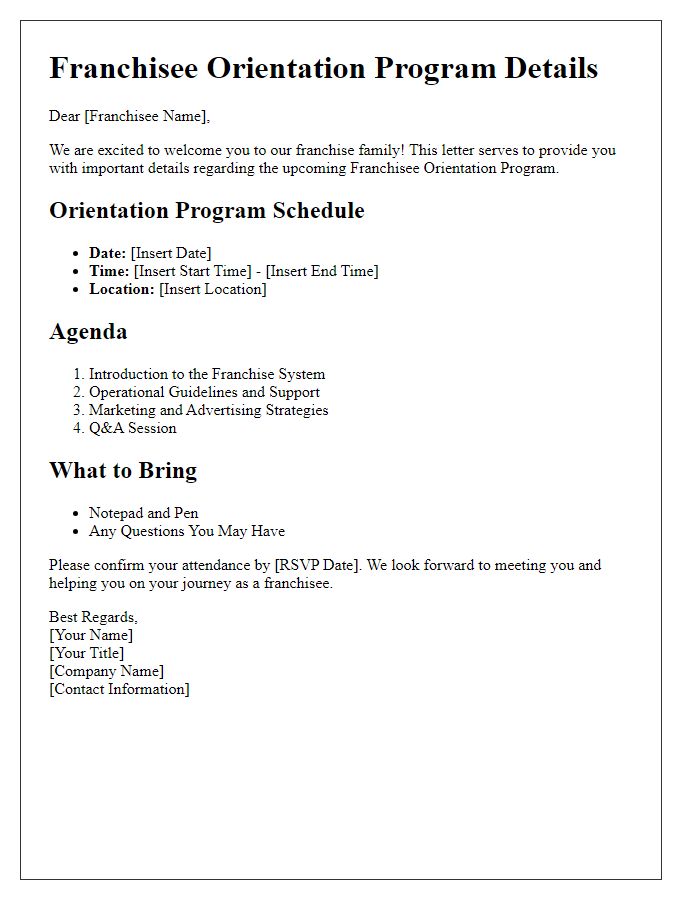 Letter template of franchisee orientation program details