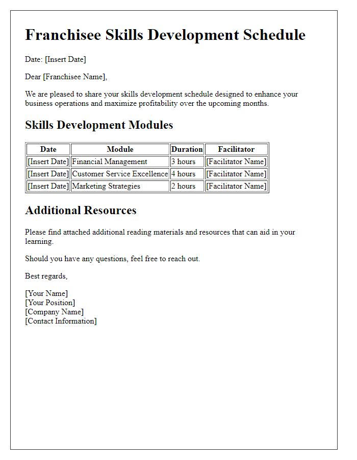 Letter template of franchisee skills development schedule