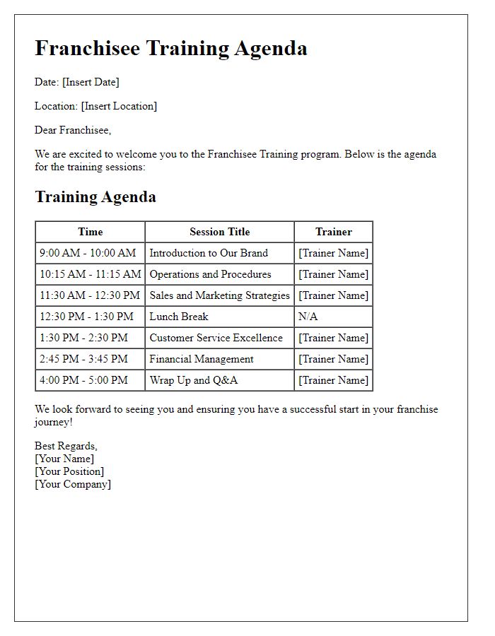 Letter template of franchisee training agenda